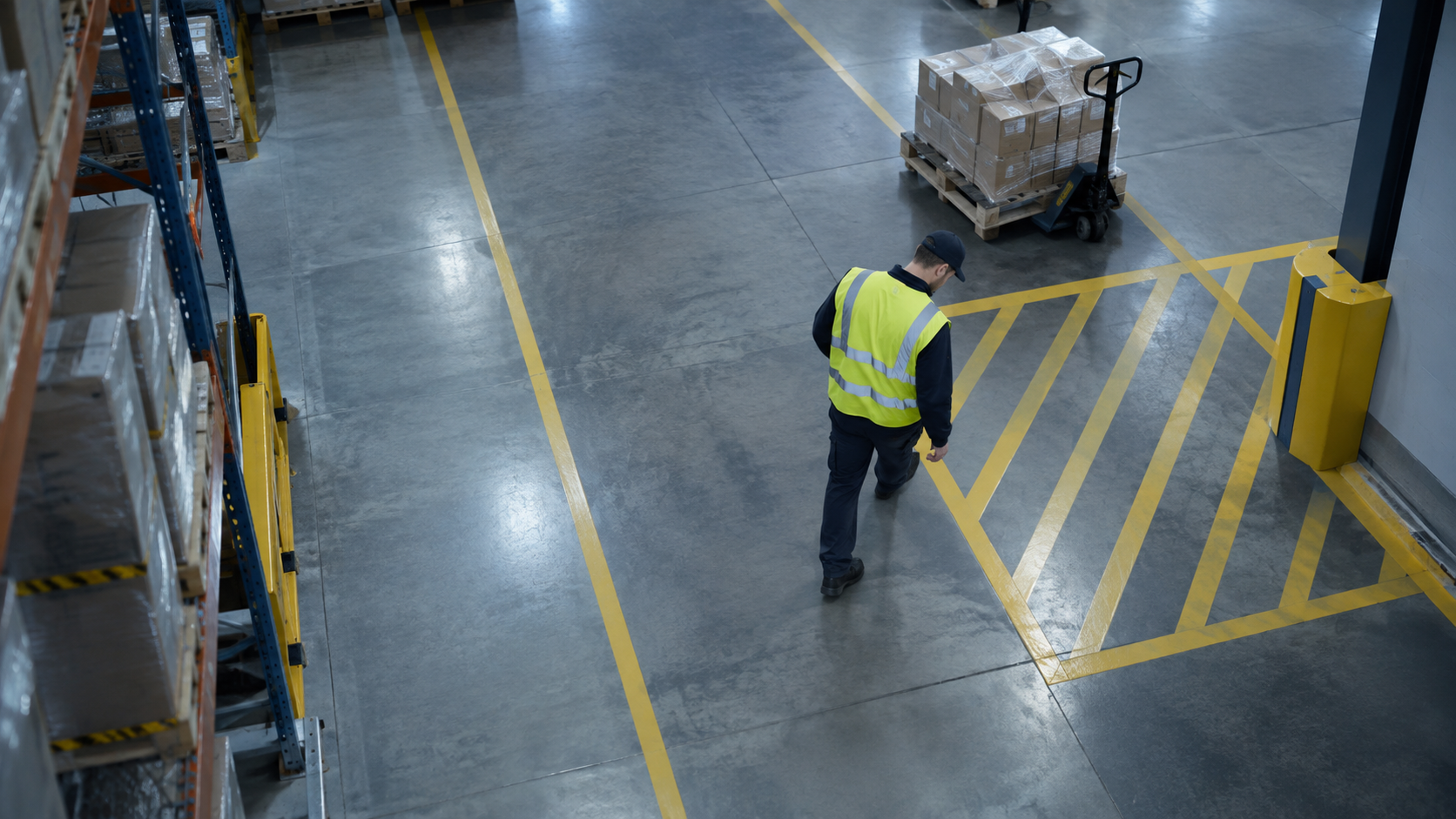 Illustrative overhead warehouse camera view of a worker near a marked exclusion area